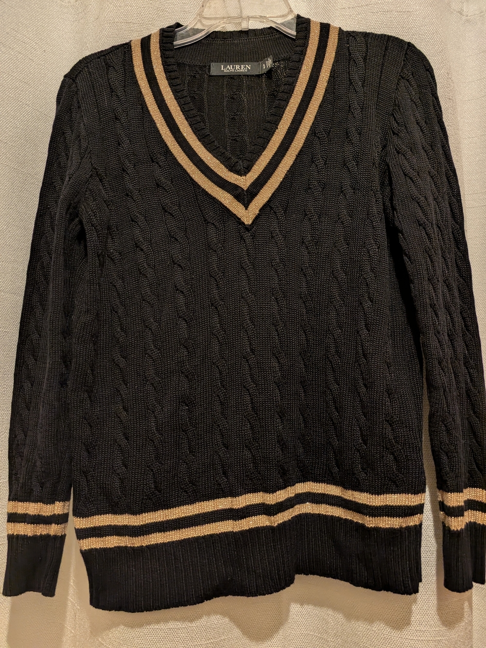 Lauren Ralph Lauren Black Cable Knit V-Neck Sweater with Gold Stripes